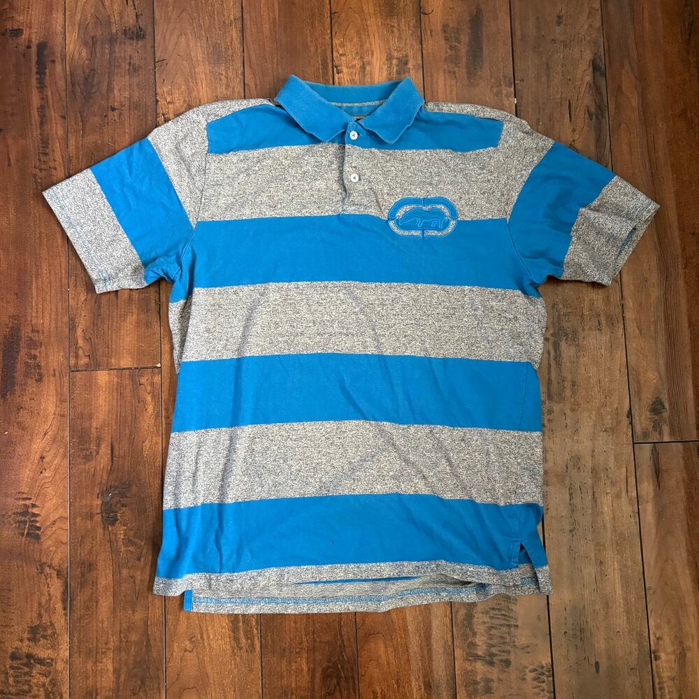 Y2K Skater Ecko Unltd Polo Shirt Mens XL Gray Blue Stripes 2000s Grunge 2000s